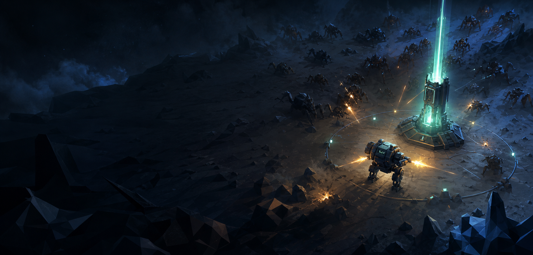 A mech defending a glowing reactor against an alien swarm