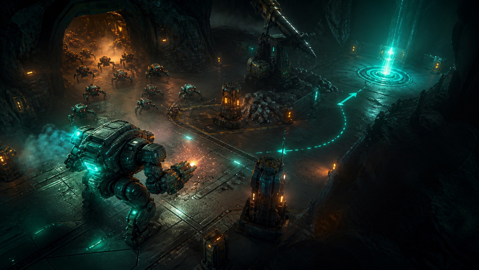 Original artwork of a combat mech moving through an alien mining corridor