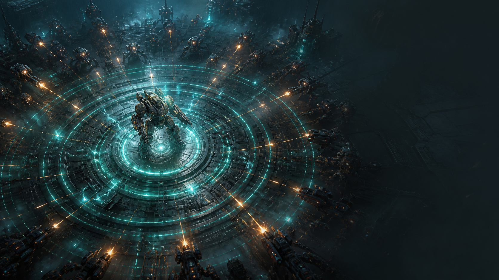 Original artwork of a mech defending a glowing reactor against a machine swarm