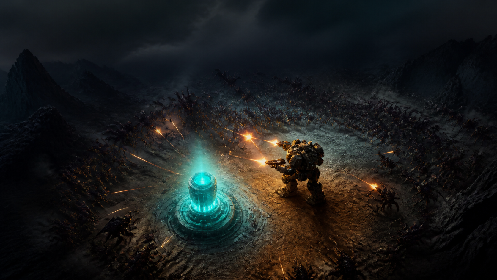 Original 3D illustration of a mech defending a glowing reactor from an alien swarm